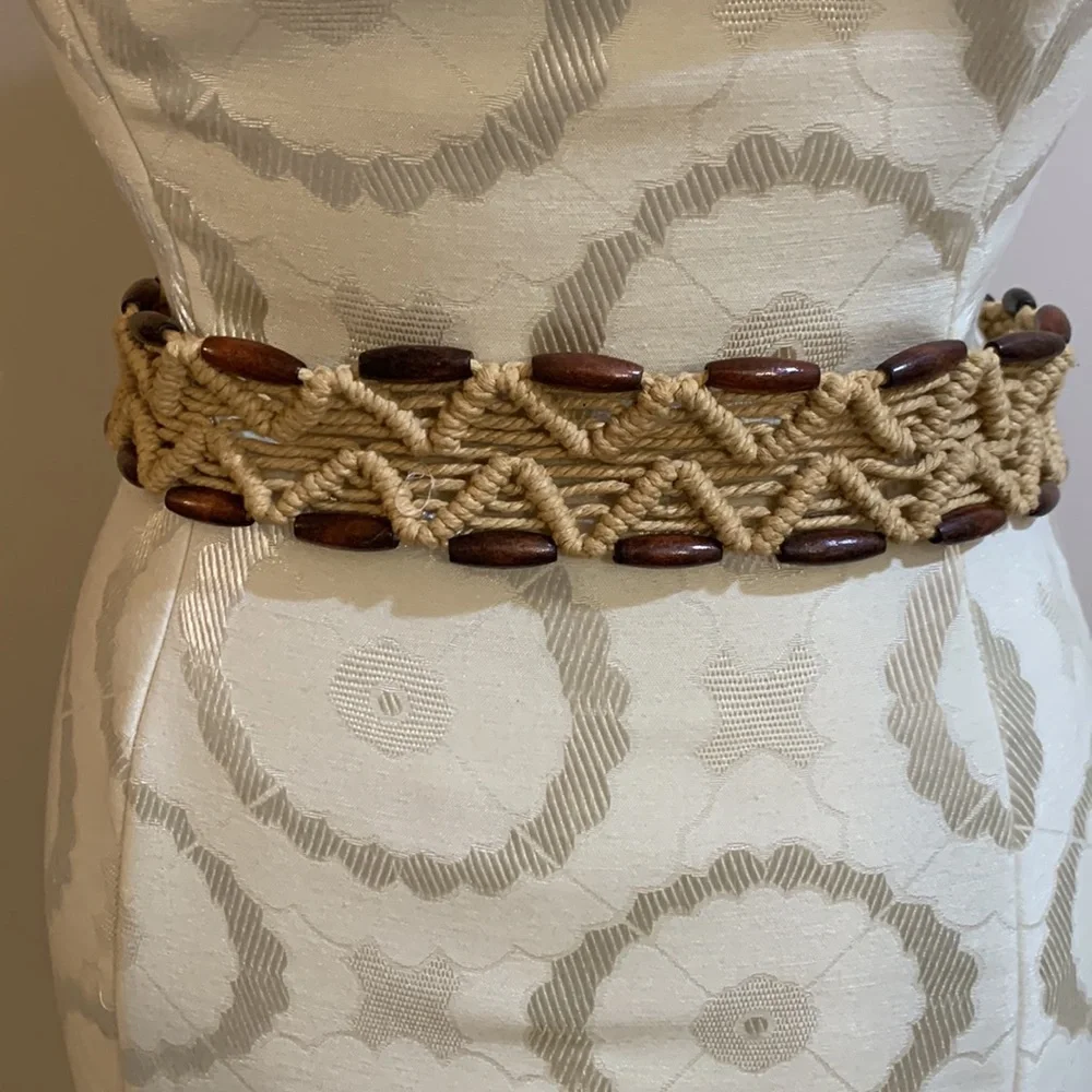 Artisan Beaded Macramé Tan Brown Rope Tie Belt